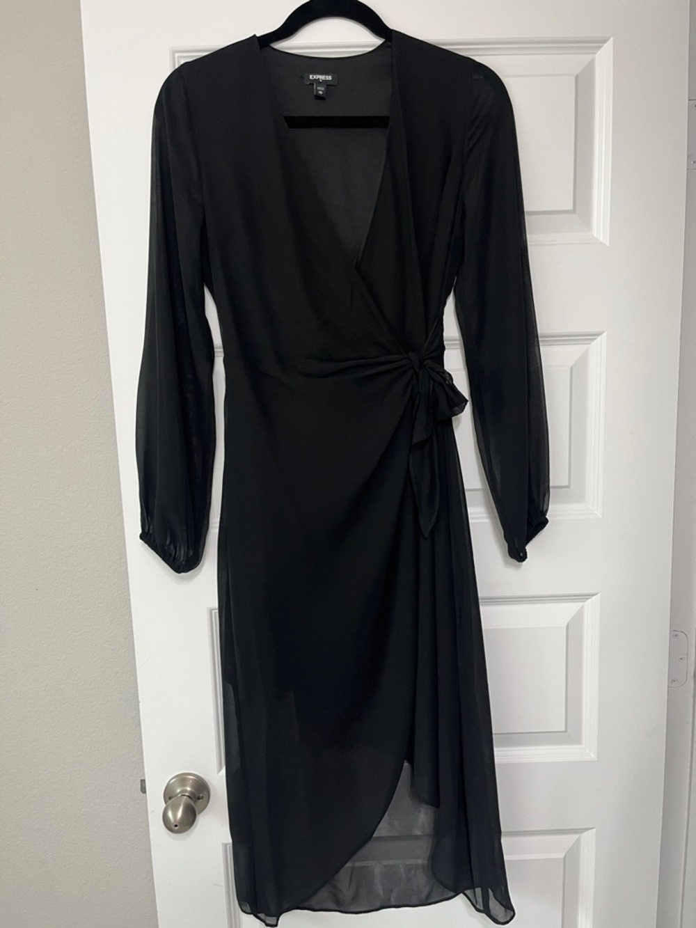 Express Black Long-Sleeve Wrap Midi Dress with Side Tie